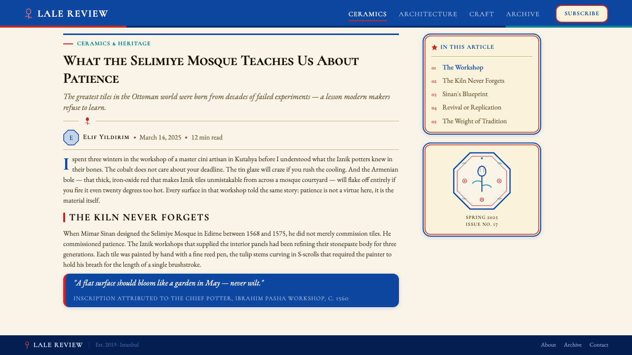 Turkish İznik Ceramic design style applied to a Article page