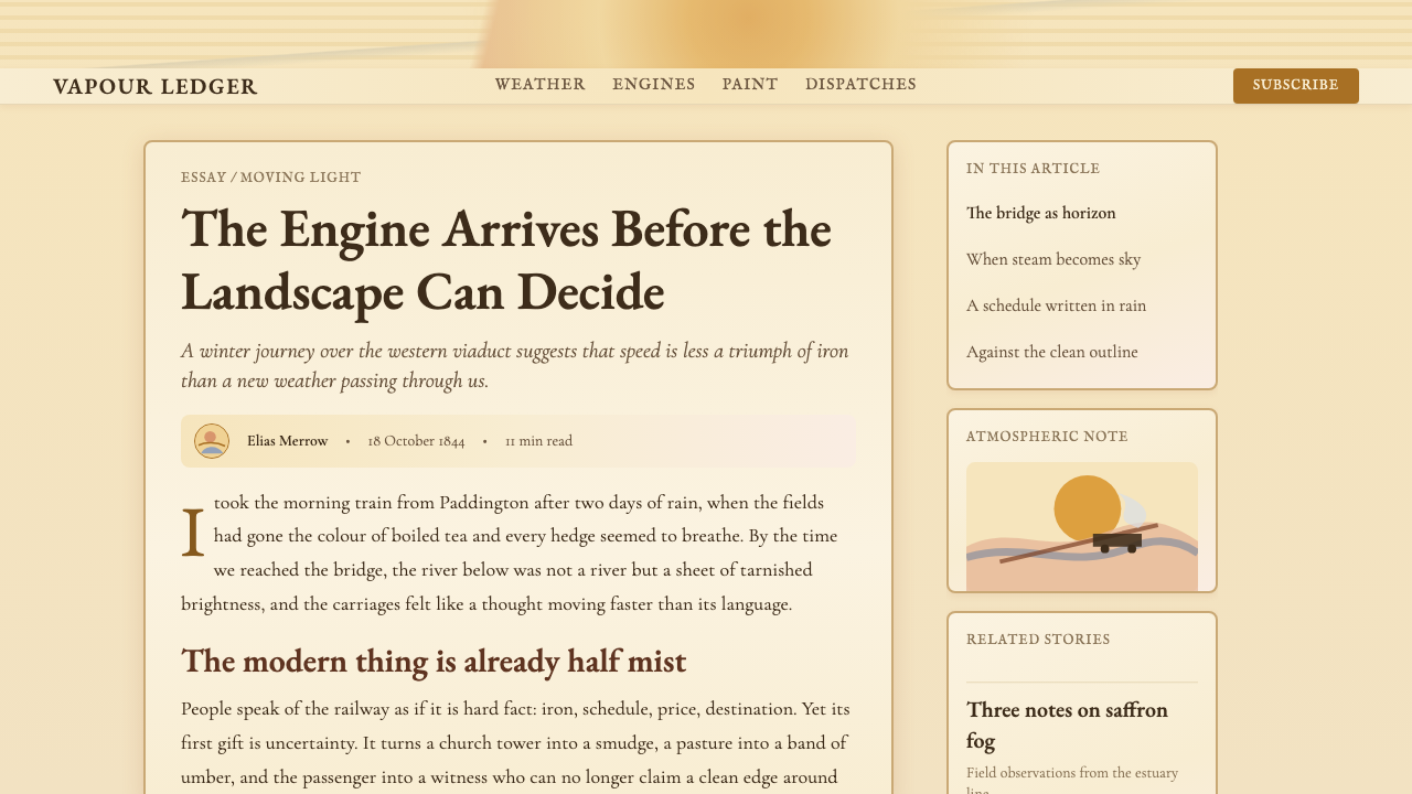 Turner — Rain, Steam and Speed design style applied to a Article page