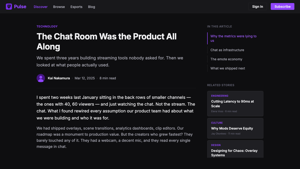 Twitch design style applied to a Article page