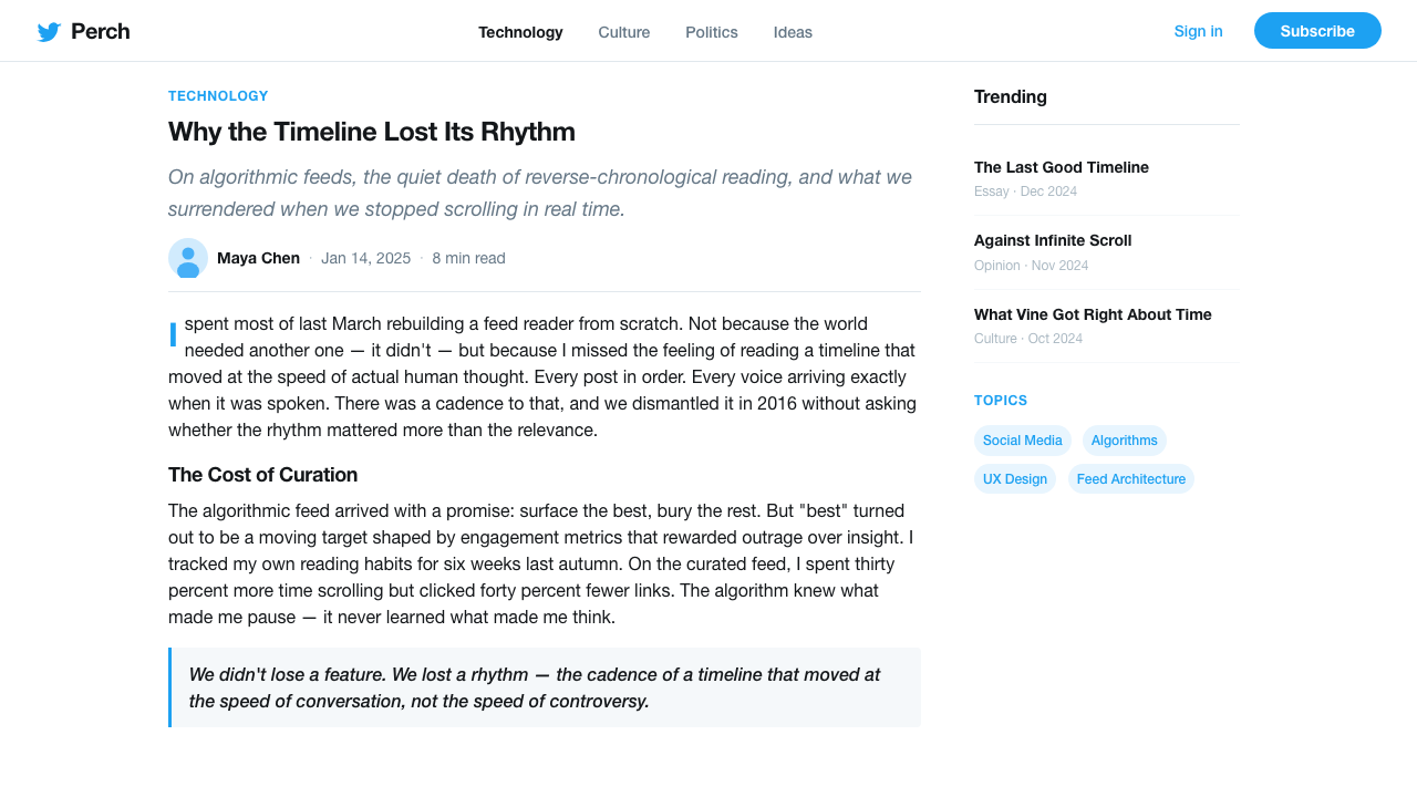 Twitter (Classic Bird) design style applied to a Article page