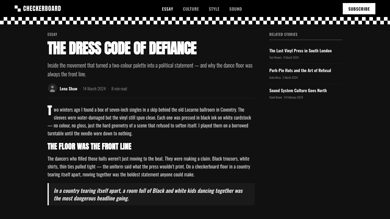 2 Tone Ska design style applied to a Article page