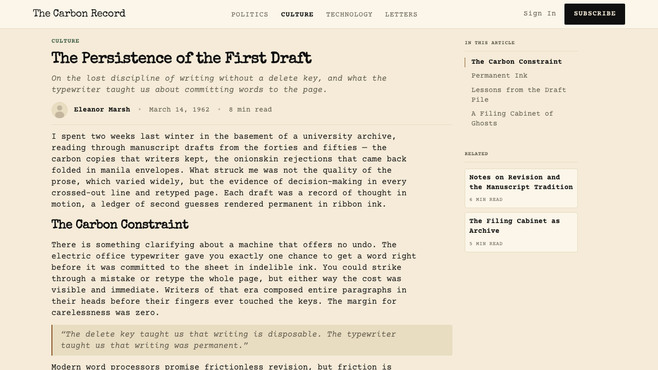 Typewriter Courier (1955) design style applied to a Article page