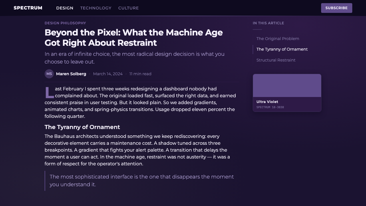 Pantone Ultra Violet design style applied to a Article page
