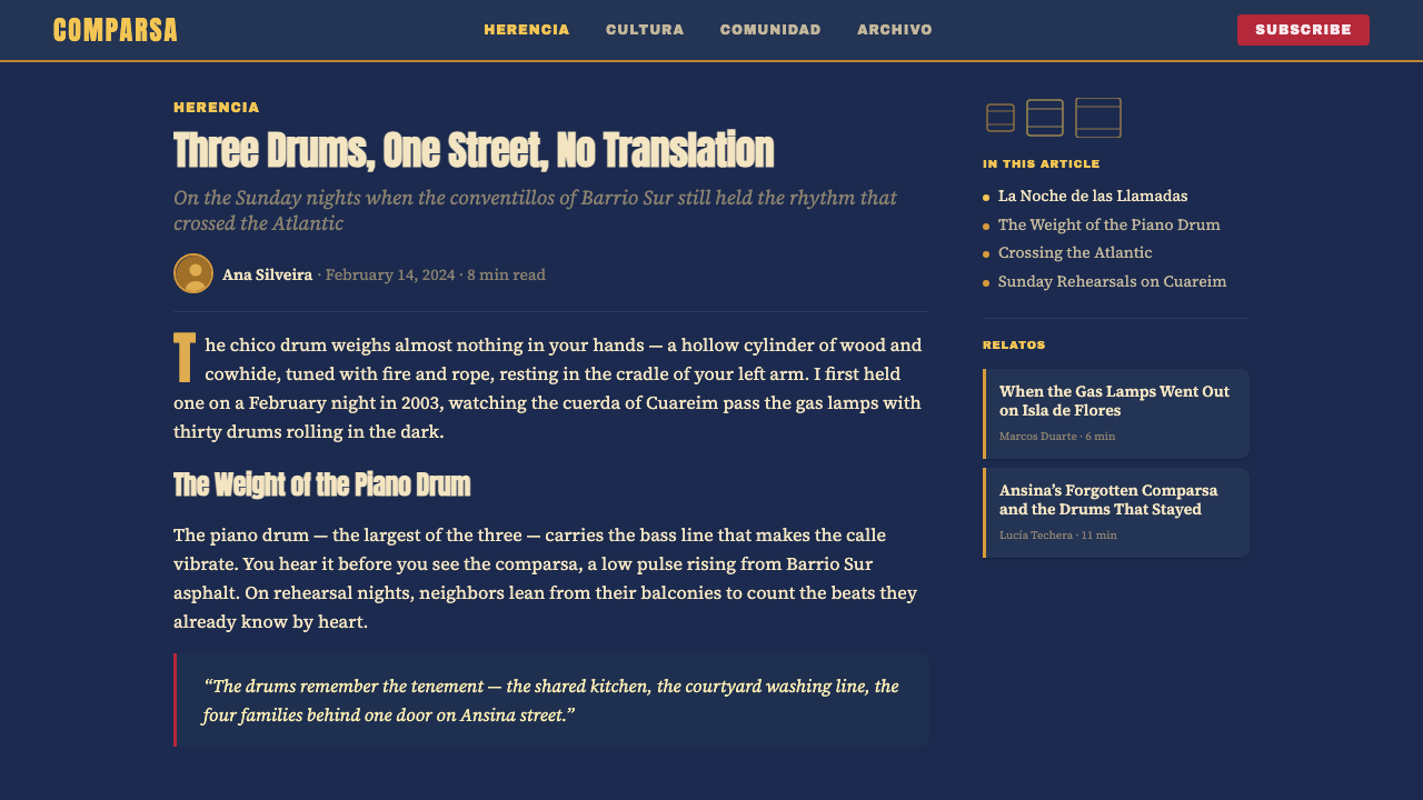 Uruguayan Candombe Llamadas design style applied to a Article page