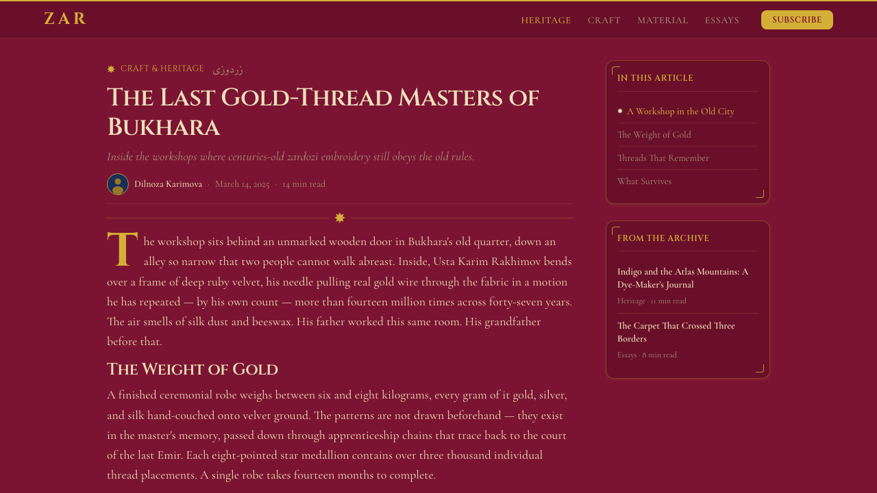 Uzbek Bukhara Gold Zardozi design style applied to a Article page