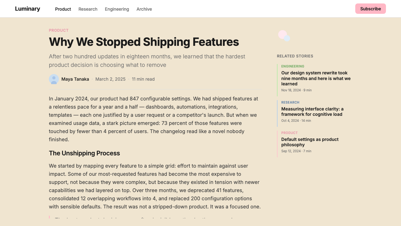 Vaporware Future Product Render design style applied to a Article page