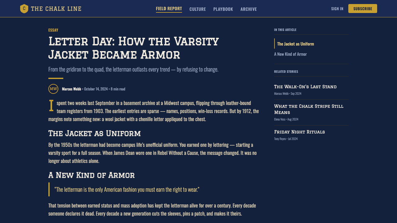 Varsity Letterman design style applied to a Article page