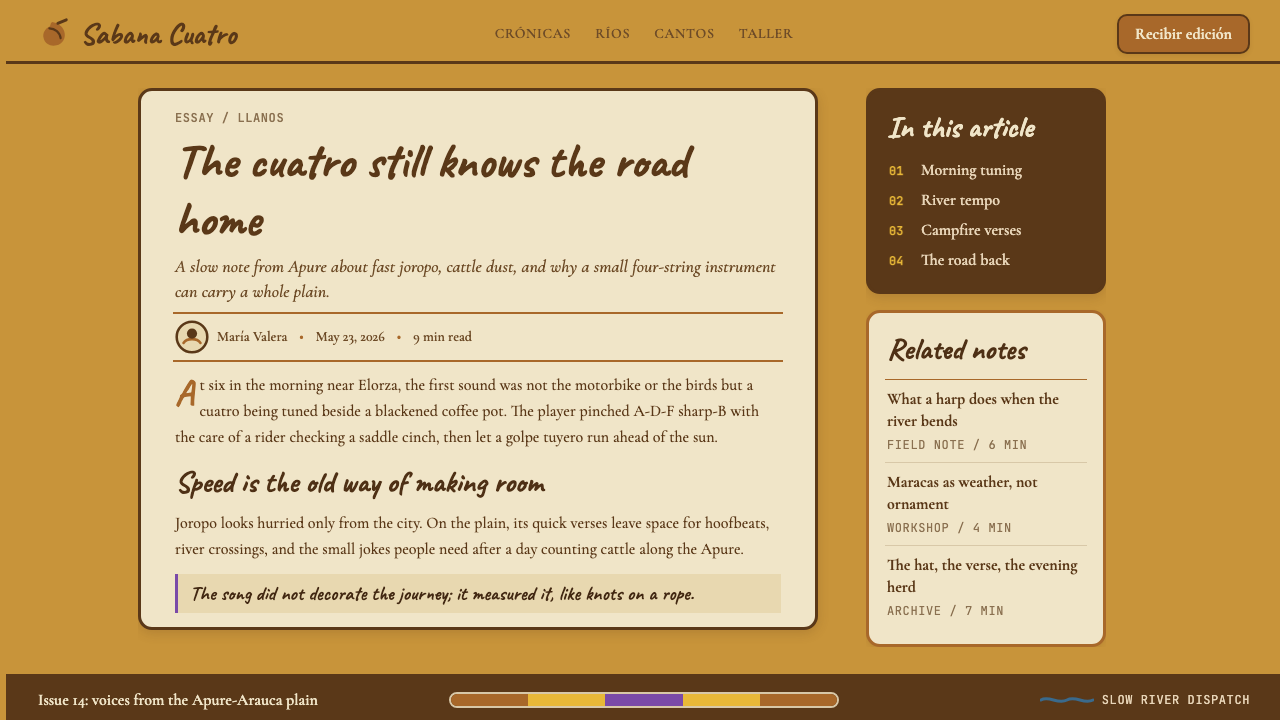 Venezuelan Cuatro Llanera (Plains Music) design style applied to a Article page