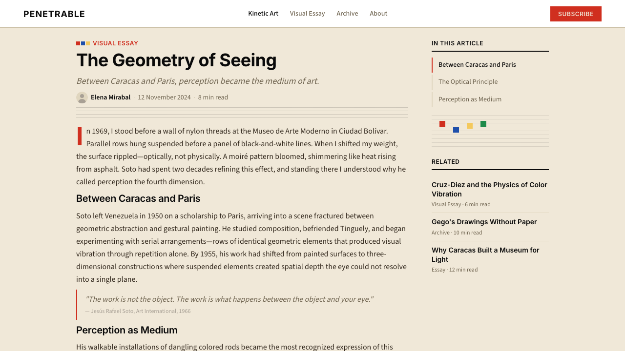 Jesús Soto Kinetic Art (Venezuela) design style applied to a Article page