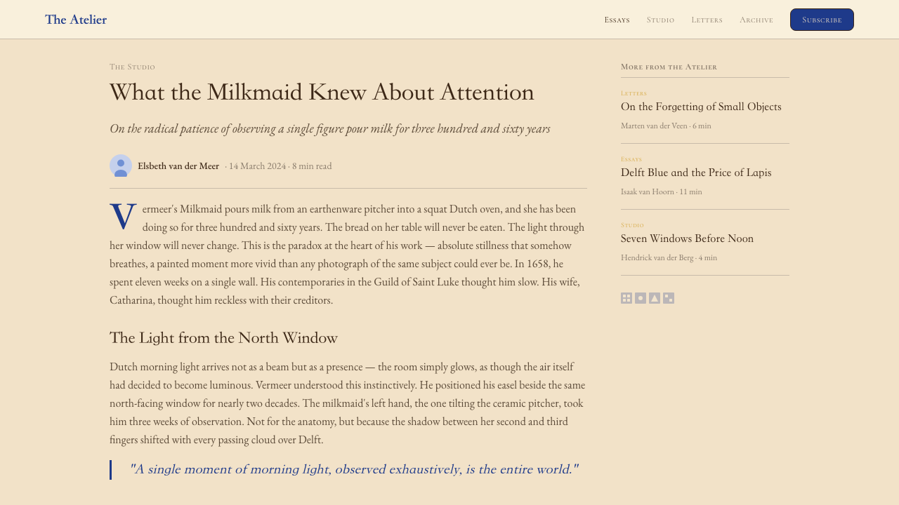 Vermeer Dutch Golden Age design style applied to a Article page