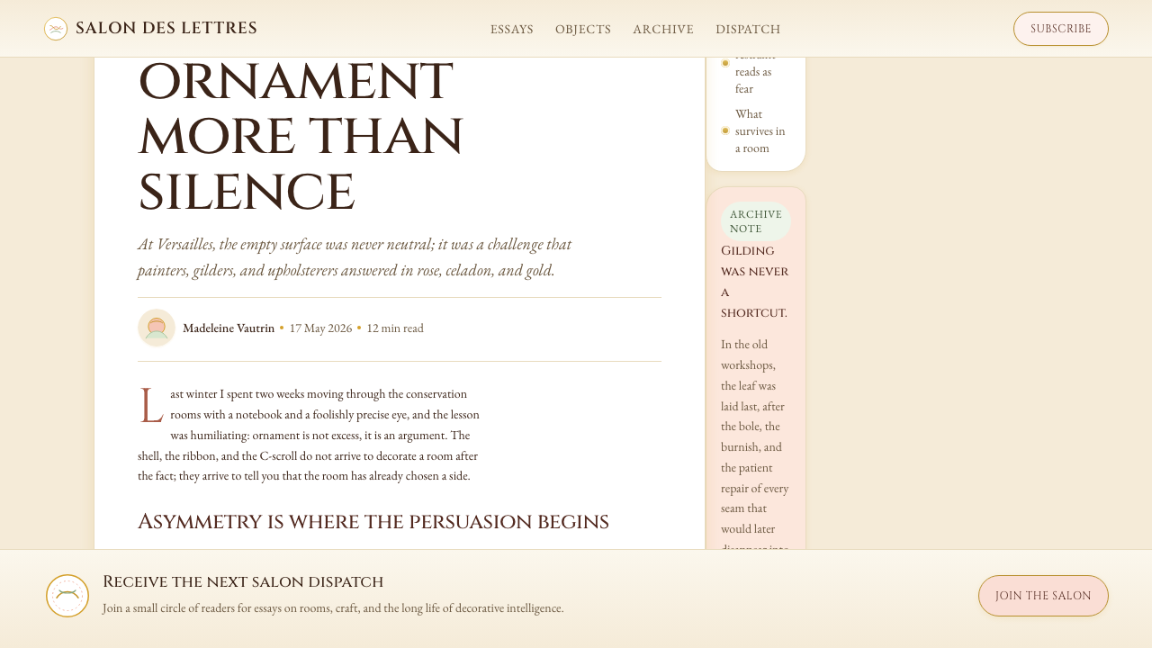 Versailles Rococo Ornament design style applied to a Article page