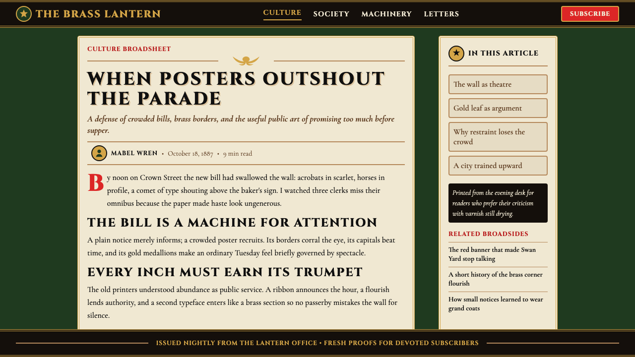 Victorian Circus Poster (1880) design style applied to a Article page
