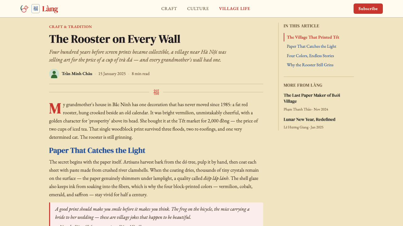 Vietnamese Đông Hồ Woodblock design style applied to a Article page