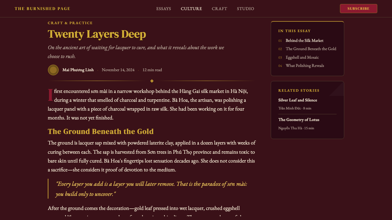 Vietnamese Sơn Mài Lacquer design style applied to a Article page
