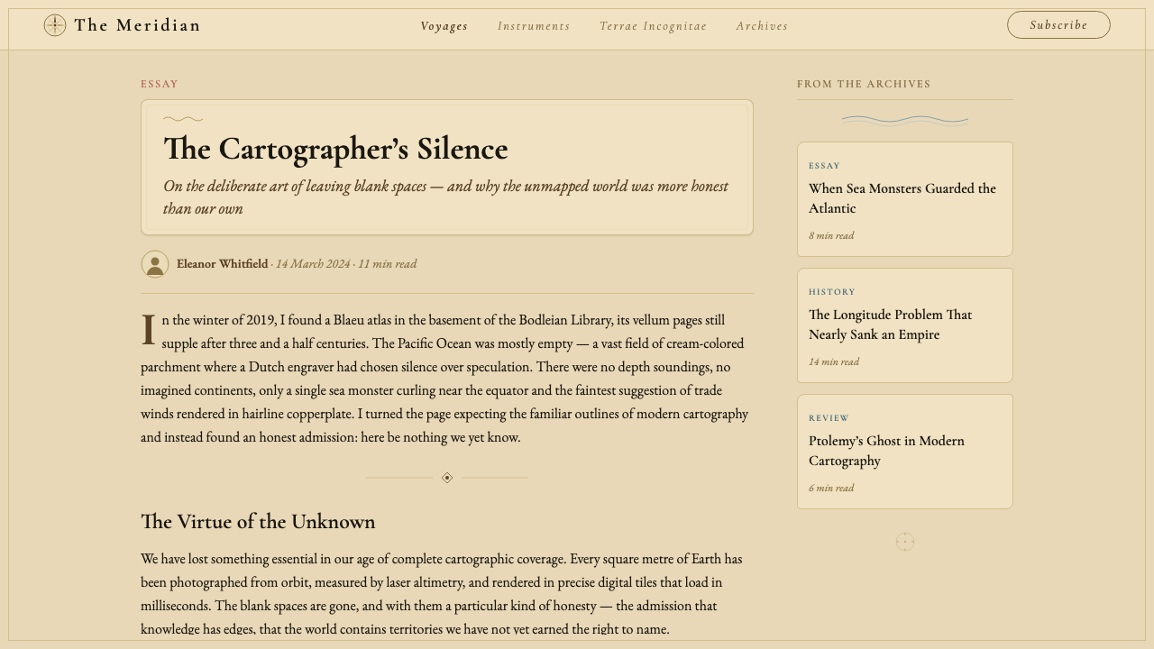 Vintage Cartography design style applied to a Article page