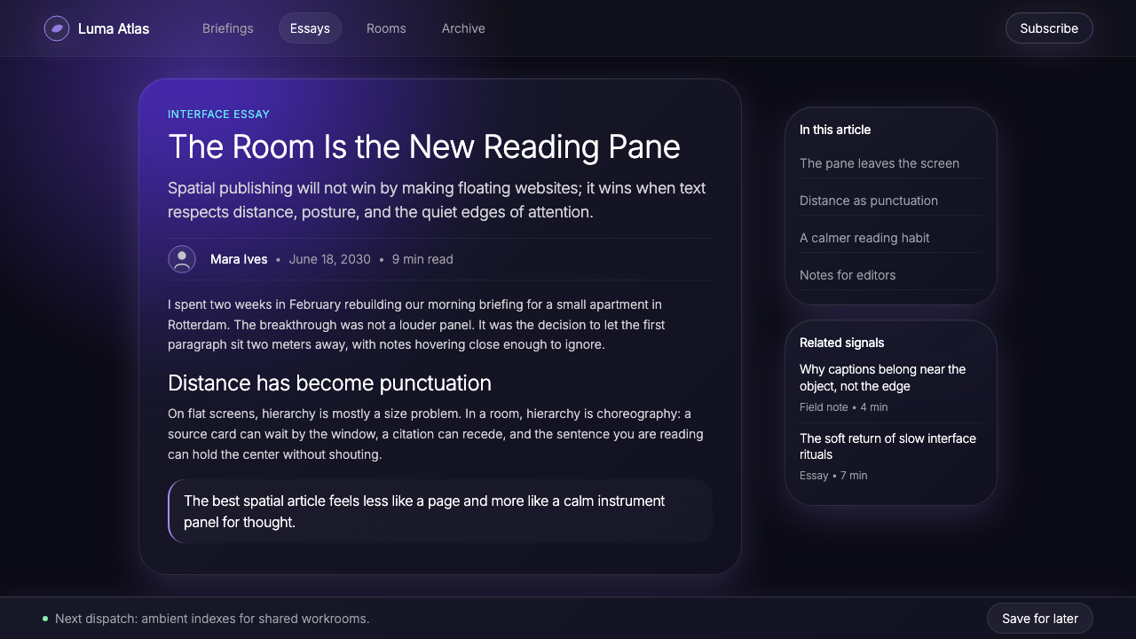 Vision Pro Spatial UI (2030) design style applied to a Article page