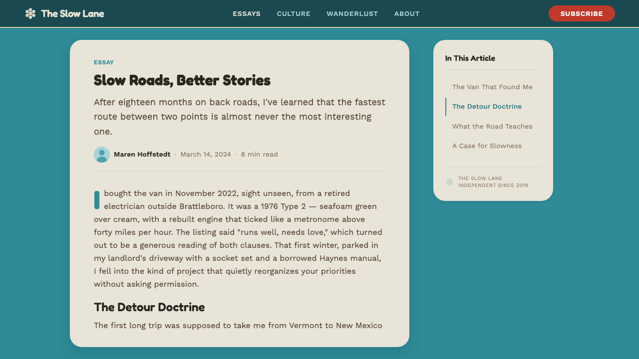 VW Kombi Bus design style applied to a Article page