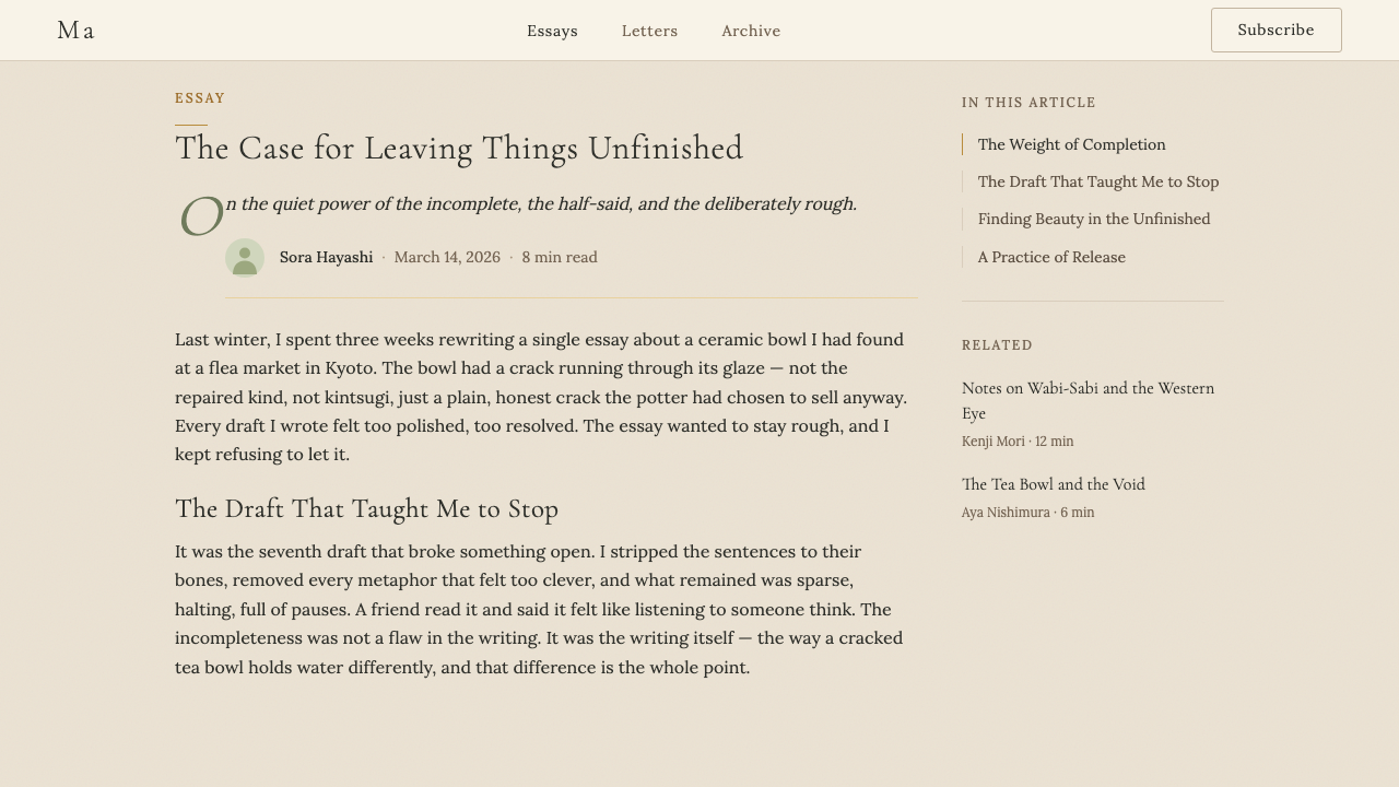 Wabi-Sabi design style applied to a Article page