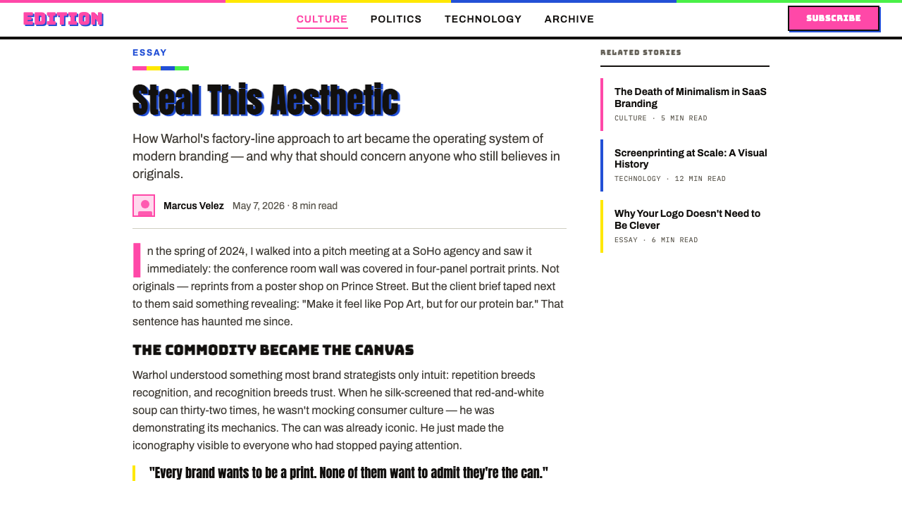 Warhol Pop design style applied to a Article page