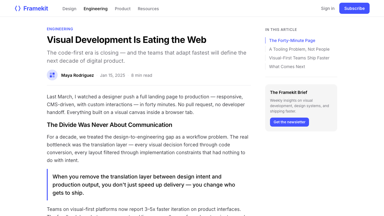 Webflow No-Code design style applied to a Article page