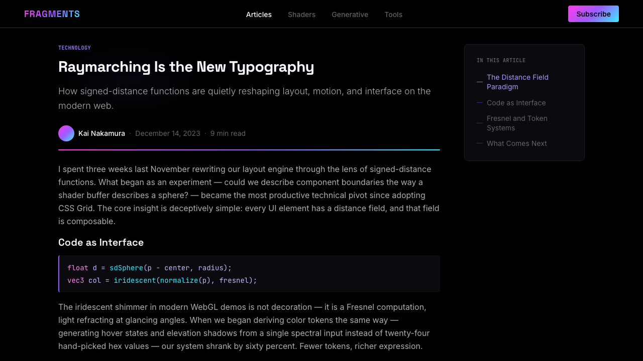 WebGL Shader Iridescent (2023) design style applied to a Article page