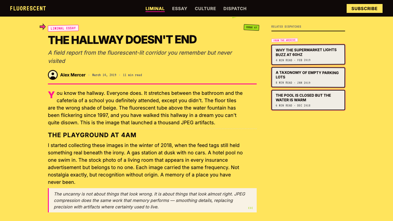 Weirdcore Internet (2018) design style applied to a Article page