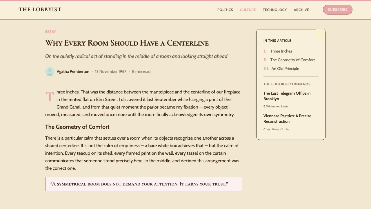 Wes Anderson Symmetrical design style applied to a Article page