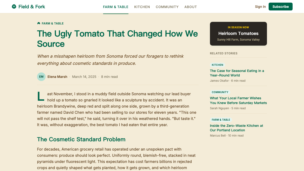 Whole Foods Market design style applied to a Article page