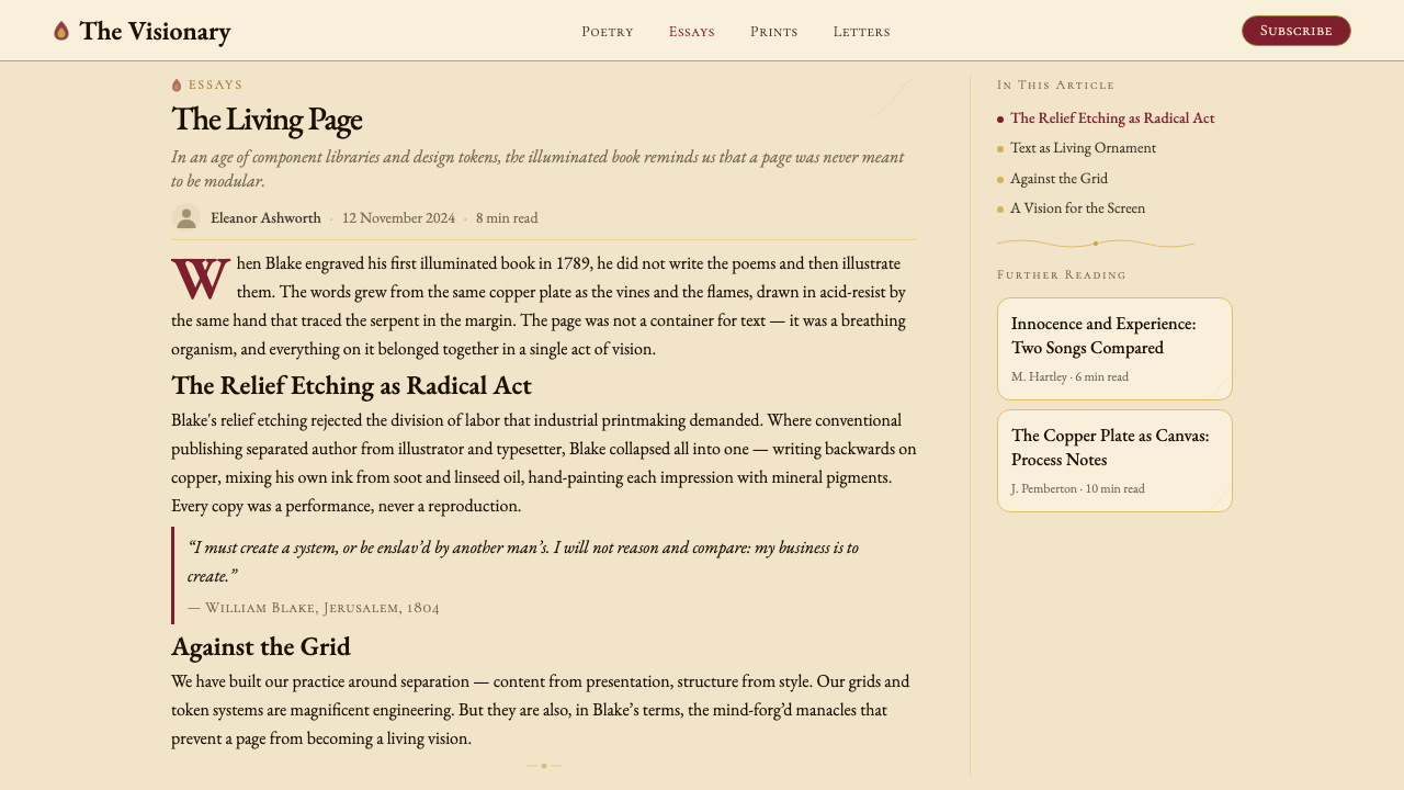 William Blake Illuminated design style applied to a Article page
