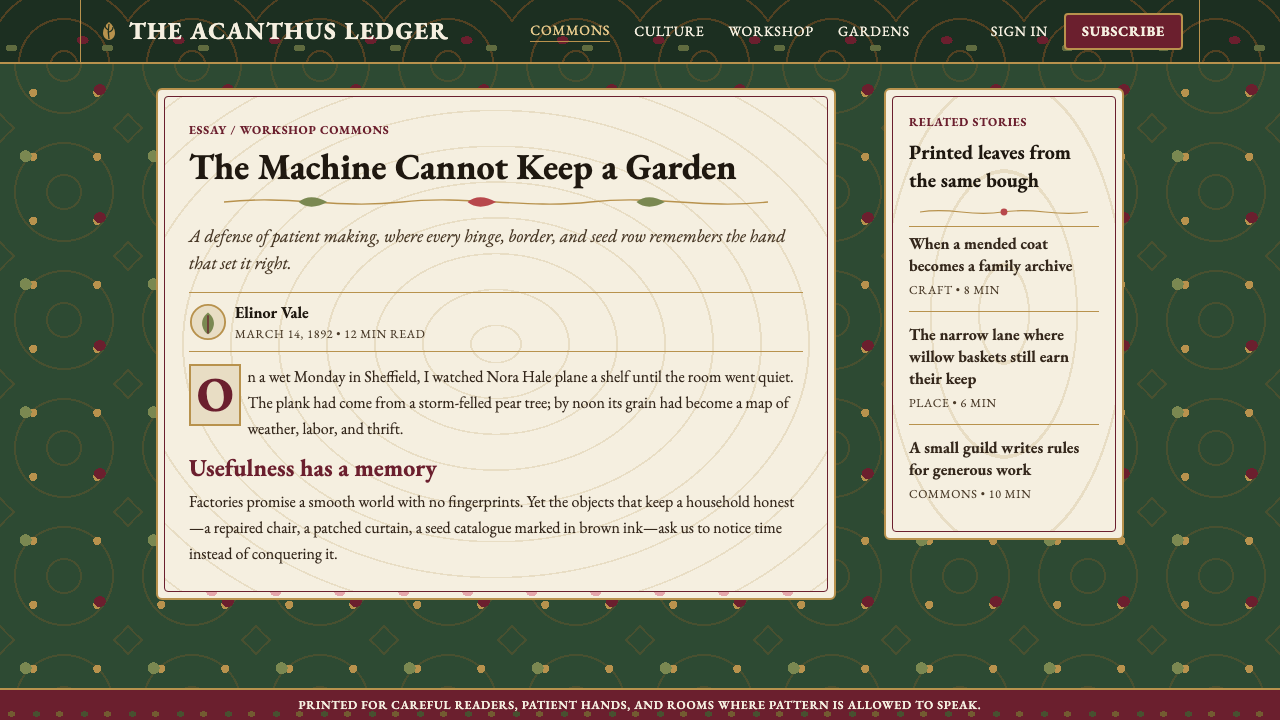 William Morris Arts & Crafts design style applied to a Article page