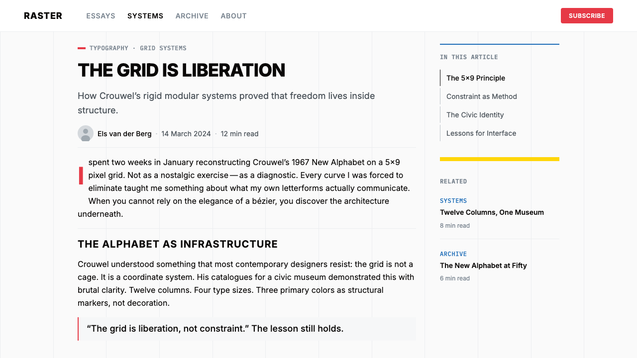 Wim Crouwel Grid design style applied to a Article page