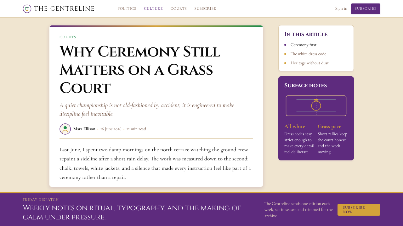 Wimbledon (Purple-Green) design style applied to a Article page