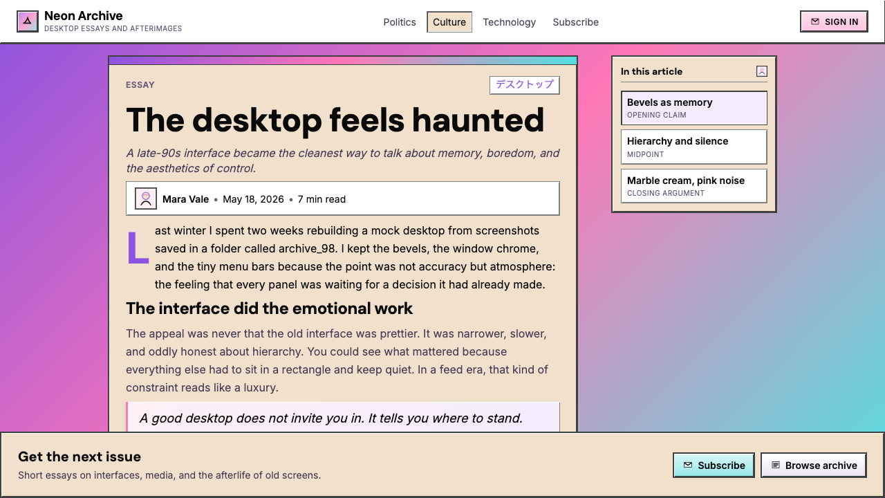 Windows 98 Vaporwave design style applied to a Article page