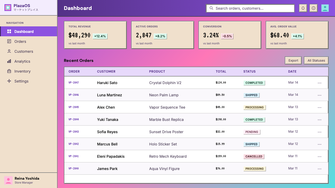 Windows 98 Vaporwave design style applied to a Dashboard
