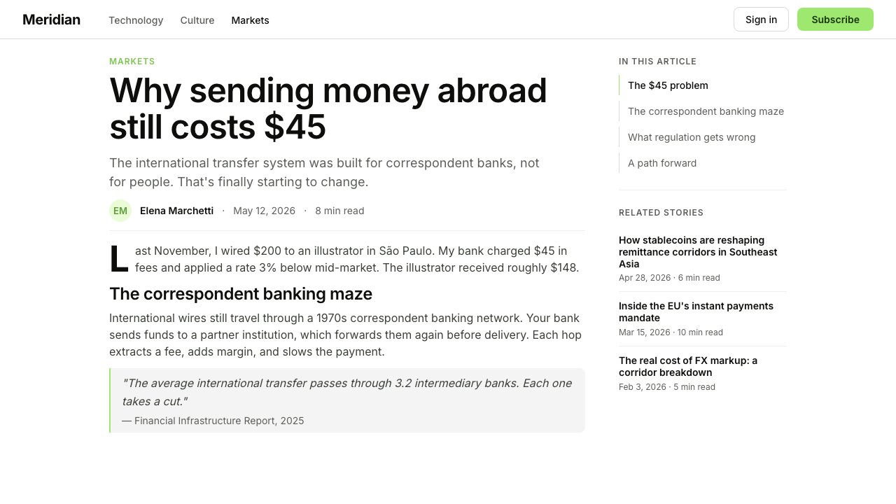 Wise (TransferWise) design style applied to a Article page