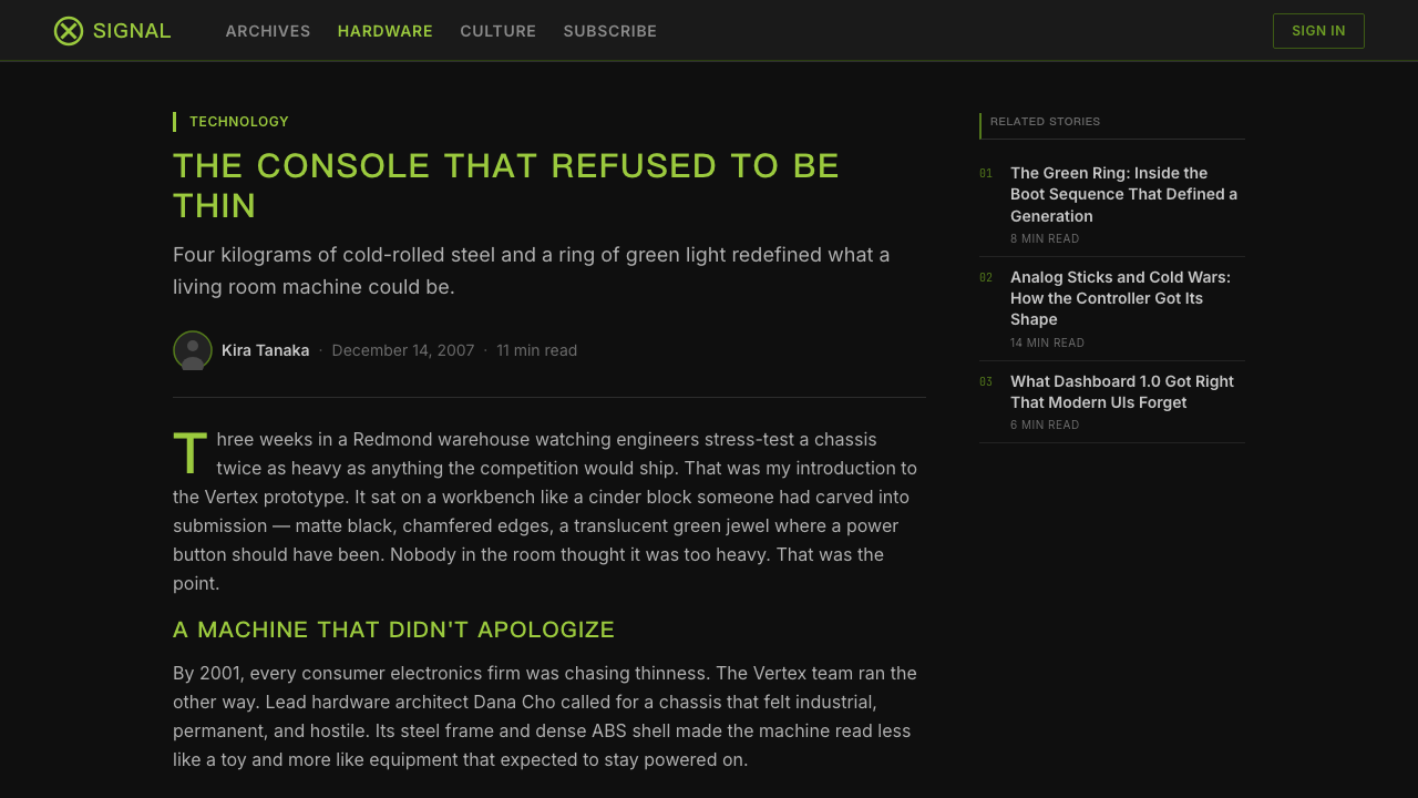 Xbox Original (2001) design style applied to a Article page