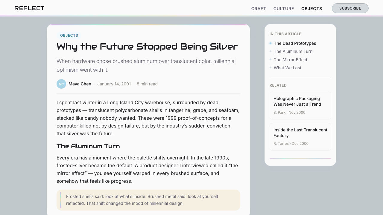 Y2K Aluminum Iridescent (1999) design style applied to a Article page