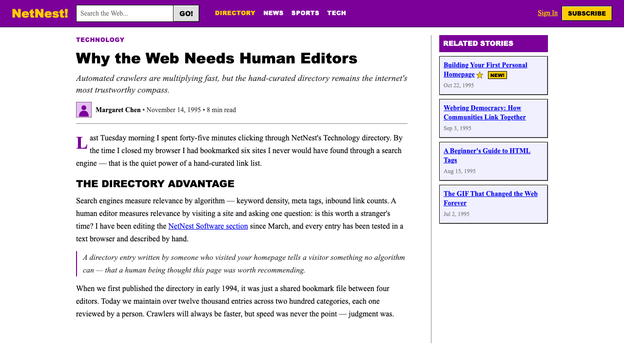 Yahoo! 1995 design style applied to a Article page