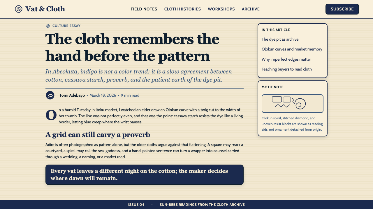 Yoruba Adire Indigo design style applied to a Article page