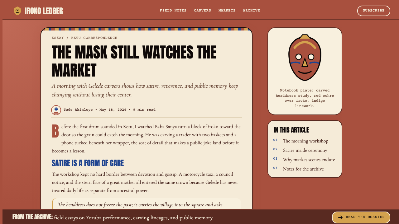 Yoruba Gelede Mask design style applied to a Article page