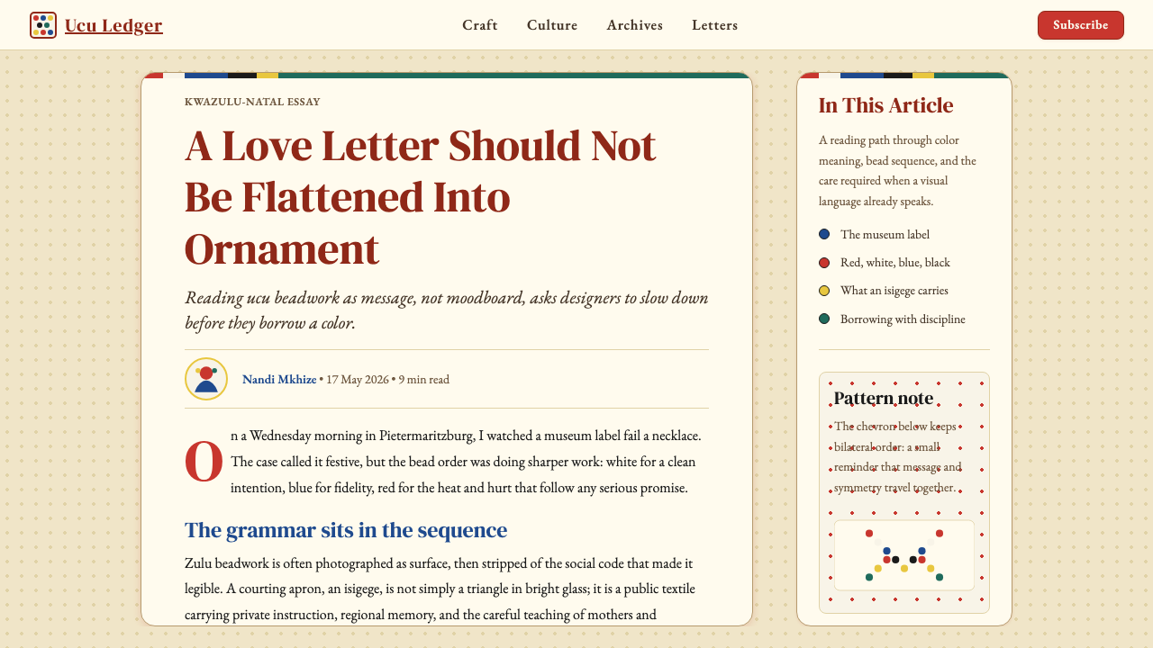 Zulu Beadwork (KwaZulu-Natal) design style applied to a Article page